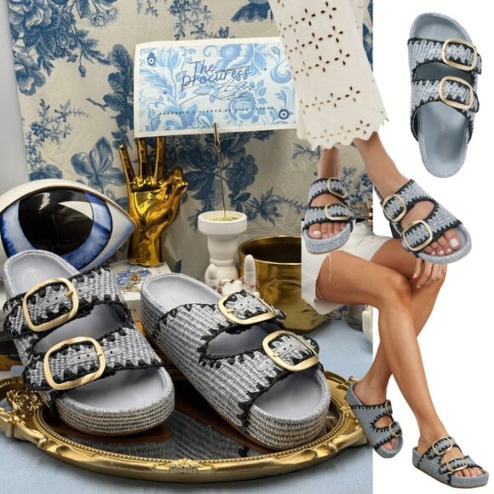 🆕 LOEFFLER RANDALL 🧿 NWOB Theo Embroidered Raffia Platform Sandal, Blue Sz 8